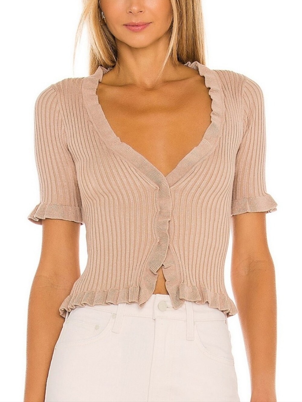 NWT Lovers + Friends Beige Ribbed Ruffle-Trim V-Neck Crop Top-Hidden Buttons- M
